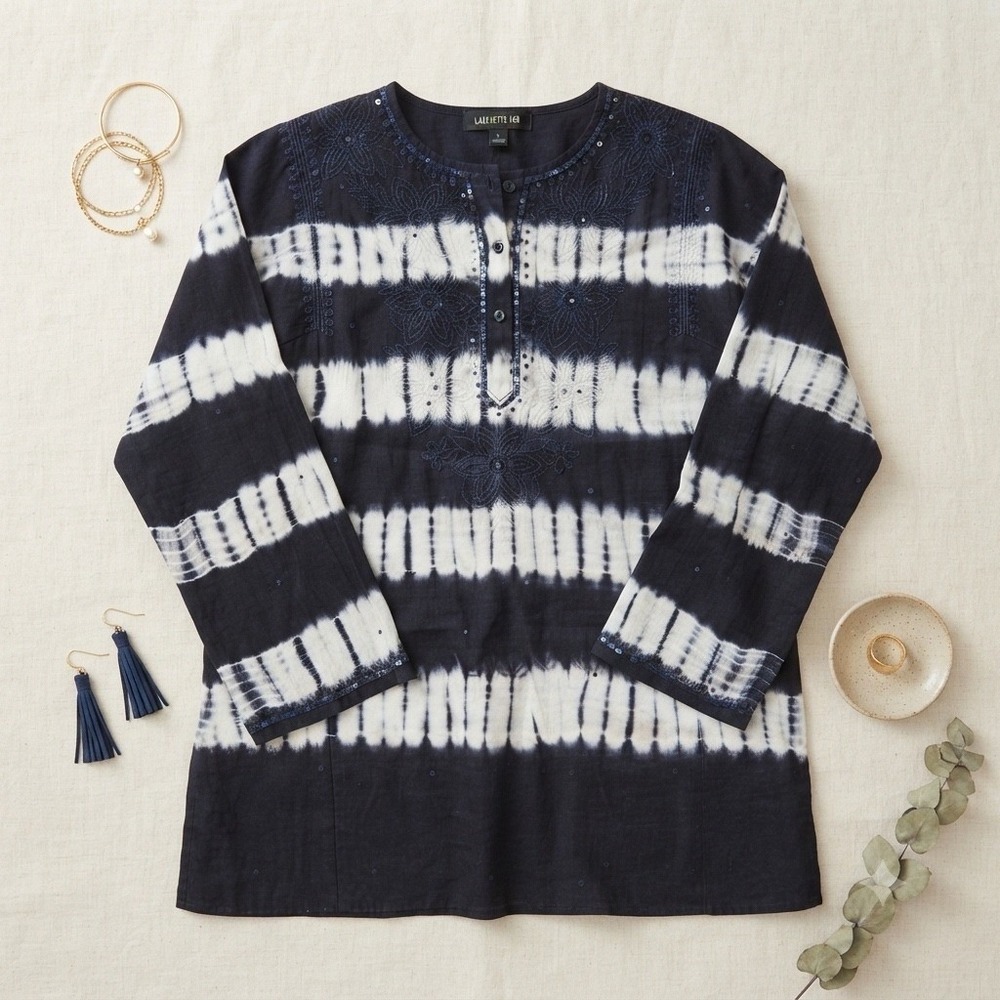 Lafayette 148 Tunic Women S Navy Blue Tie Dye Embroidered Sequin Linen Boho Top